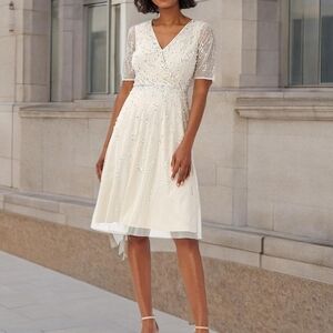 Adrianna Papell Cream Midi Dress with Sequin Accents